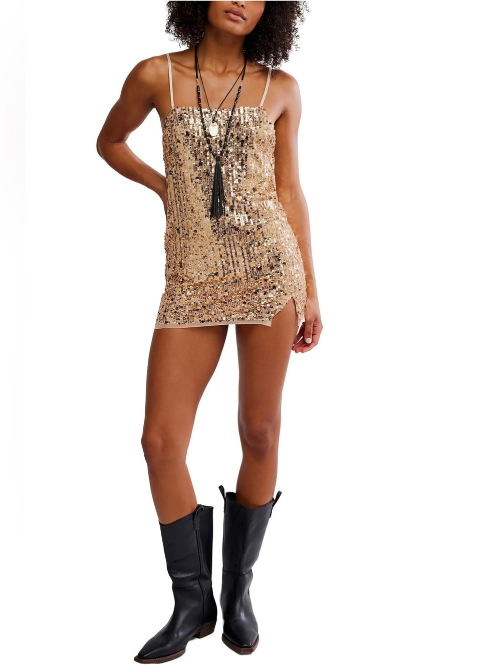 NWT Free People Midnight Kiss Sequin Mini Slip Dress Gold Combo Size S/P